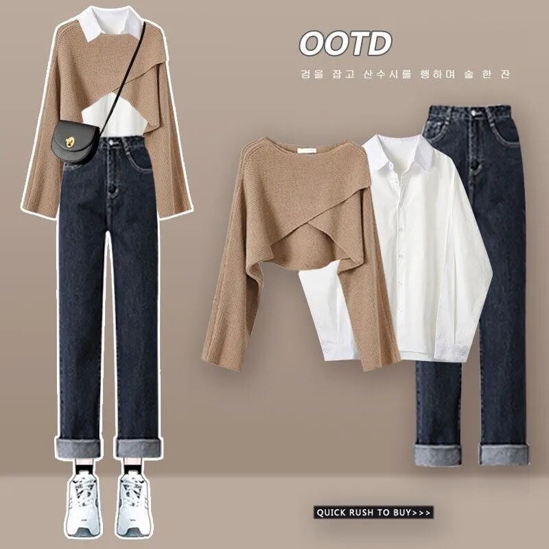 Women's Autumn Winter New Suit 2024 Fashion Knit Cross Sweater+Shirt+Jeans Three Piece Korean Elegant Denim Pants Matching Set Set 01