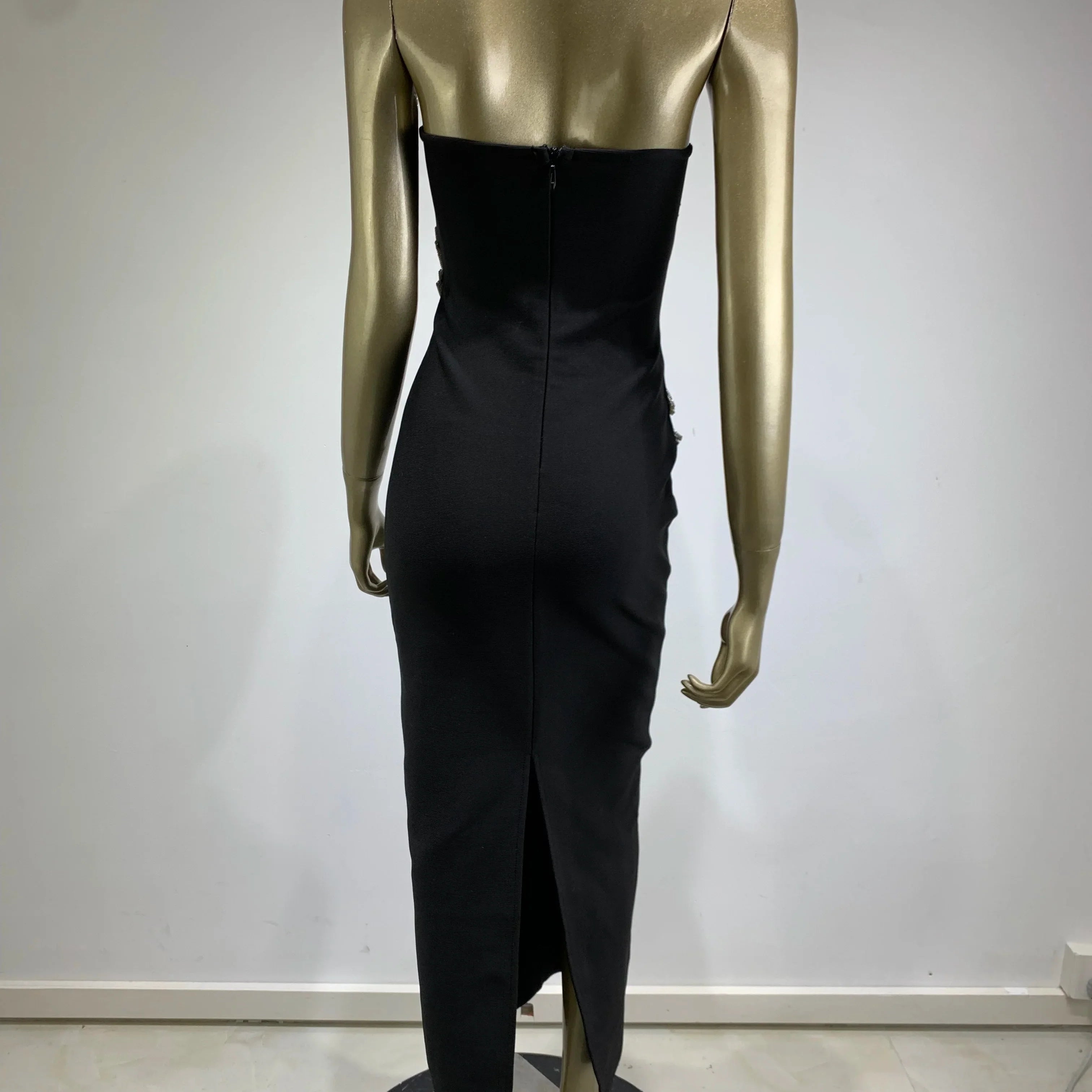 Women Celebrity Sexy Strapless Backless Diamonds Black Maxi Long Bodycon Bandage Dress Elegant Evening Club Party Dress