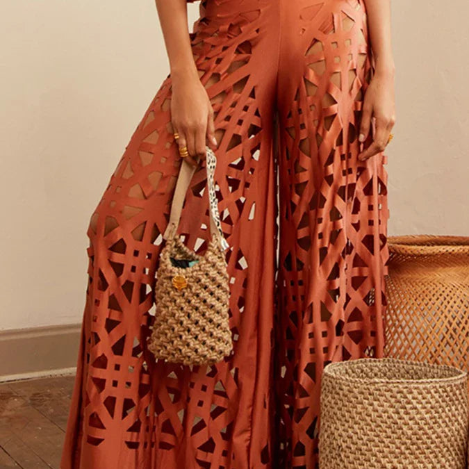 Tie Shoulder Solid Bikini Two Pieces Swimwear Fashion Luxury Party Beach outfits Women's High Waist Hollow Pants Sexy Orange pants