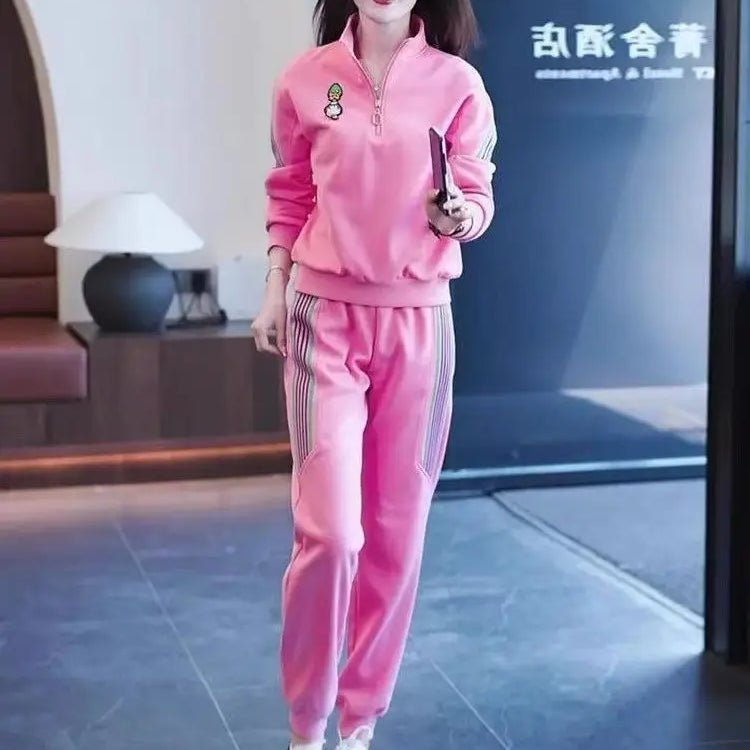 Women's Tracksuit Large Autumn Winter New Loose Casual Fashion Tops And Pencil Pants Two Piece Sets Plus Size Clothing For Women Pink