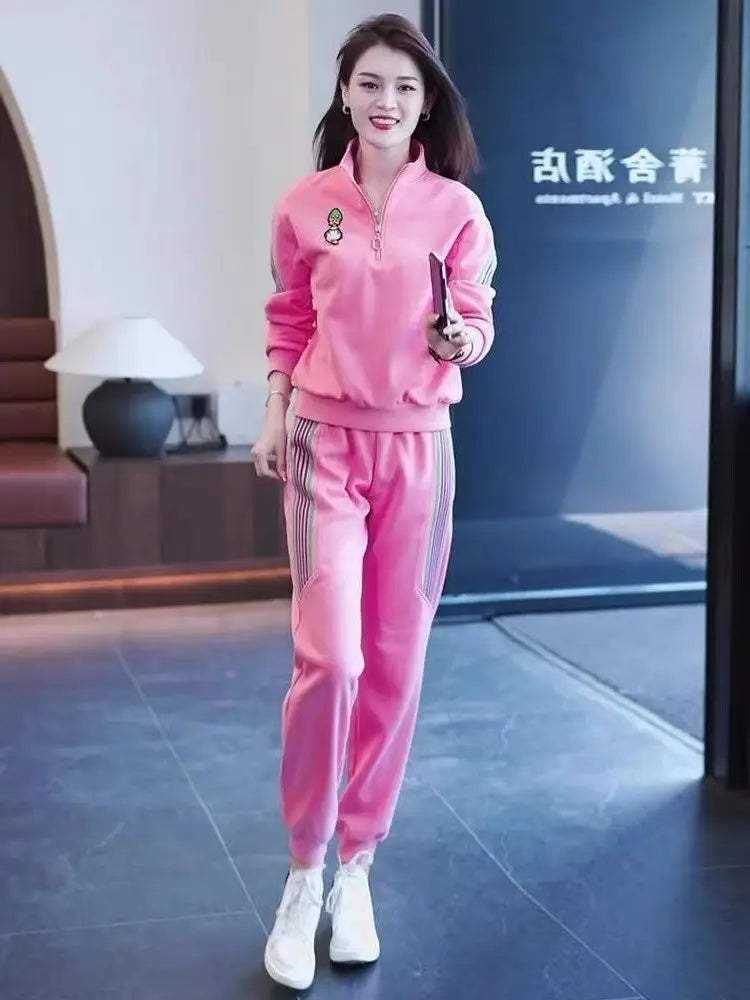 Women's Tracksuit Large Autumn Winter New Loose Casual Fashion Tops And Pencil Pants Two Piece Sets Plus Size Clothing For Women Pink