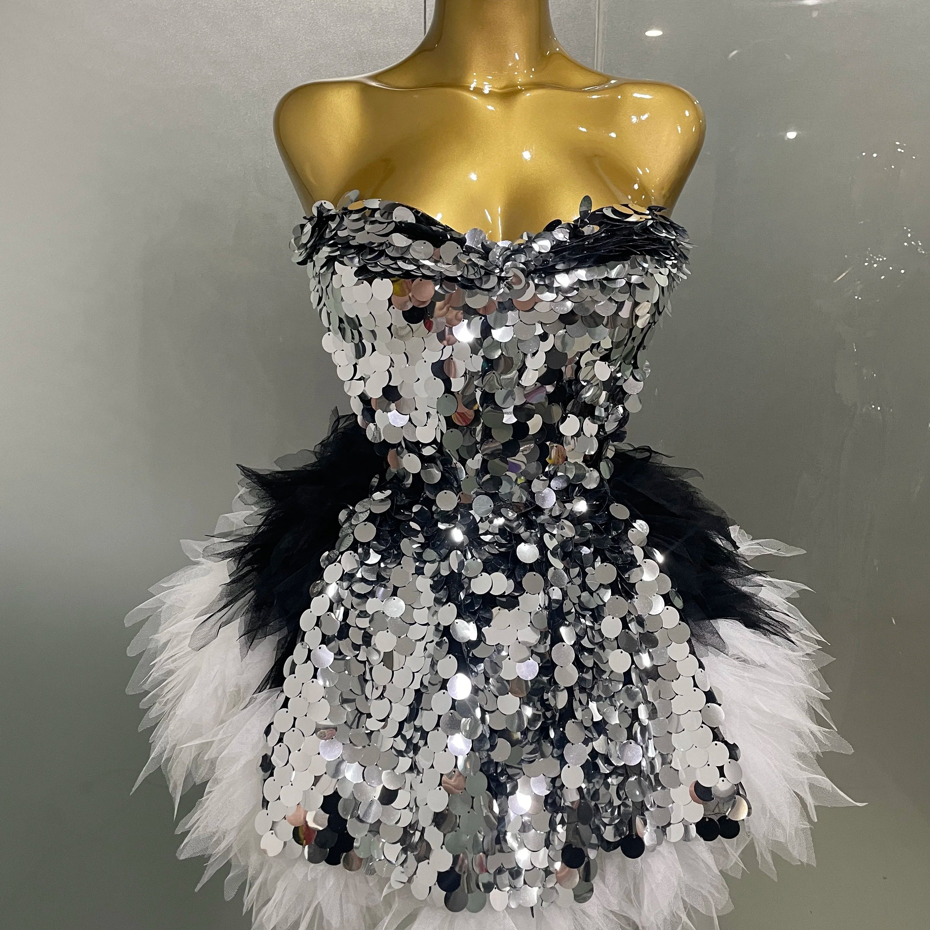 2025 New Stage Costume Women's Sparkly Sequin Mesh A Line Top Skirt 2 Pieces Set Nightclub Party Birthday Dress Photo Shoot Wear black