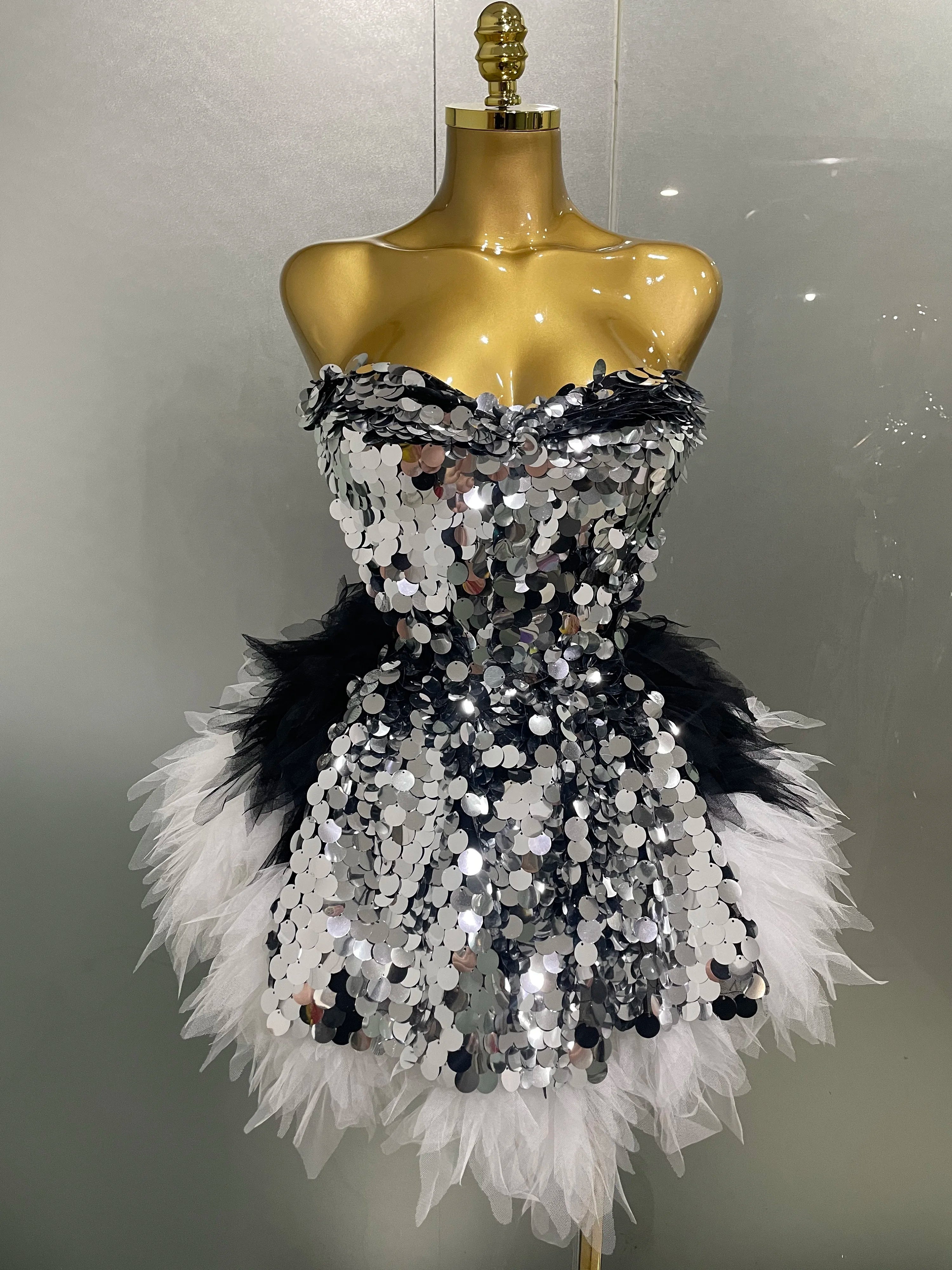 2025 New Stage Costume Women's Sparkly Sequin Mesh A Line Top Skirt 2 Pieces Set Nightclub Party Birthday Dress Photo Shoot Wear black