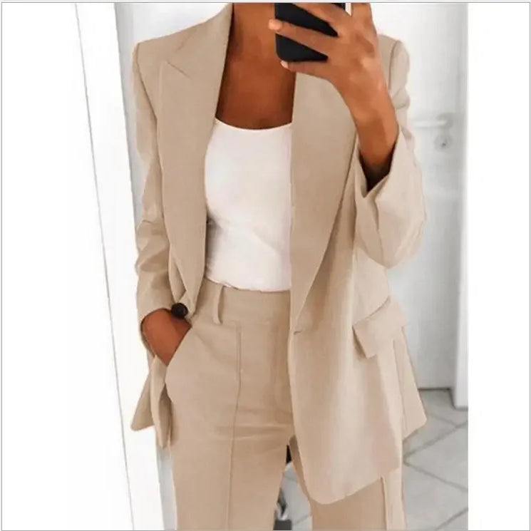 S-5XL Women's Blazer Casual Long-sleeved Top Solid Color Suit Collar Button Simple Temperament Commuter Plus Size Blazer beige TOP