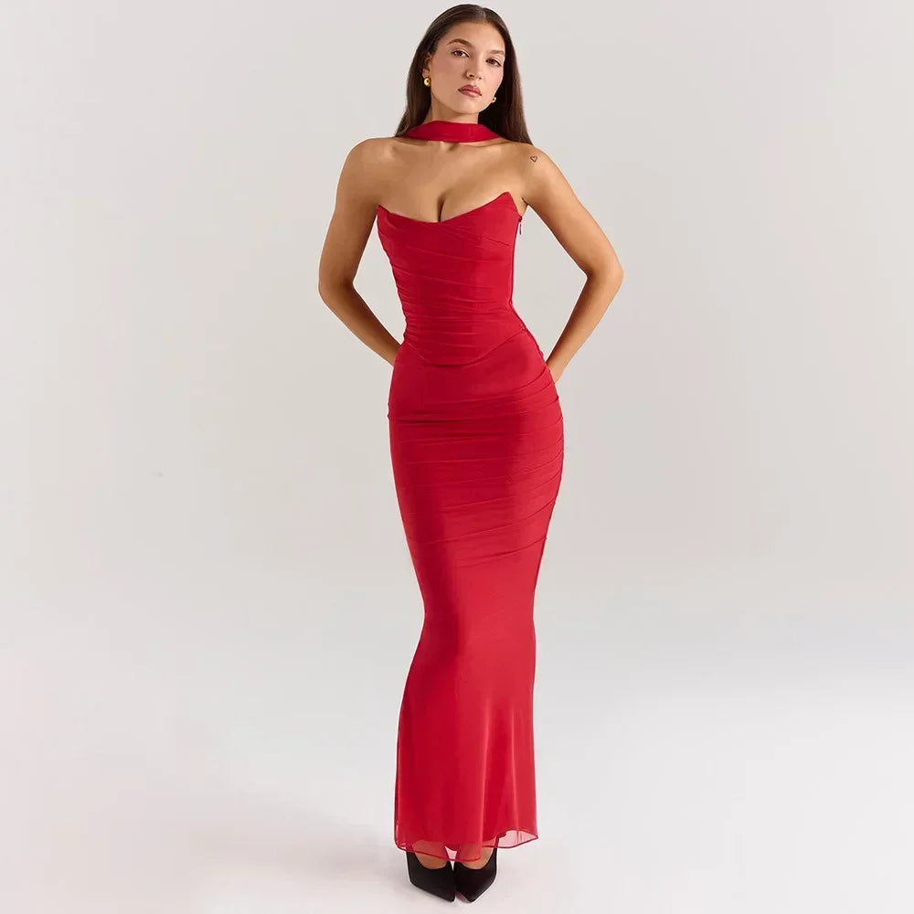 Suninheart Elegant Women 2 Piece Dress Set 2024 Strapless Bodycon Crop Top and Maxi Skirt Set Formal Wedding Guest Party Dress Red