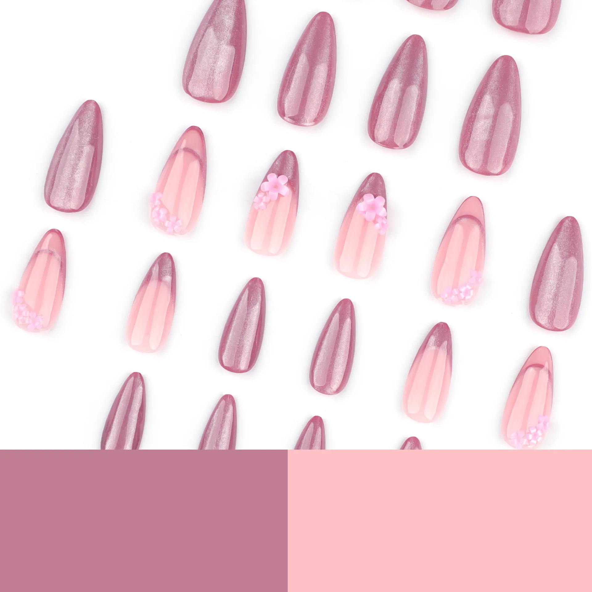 24pcs Nude Pink Cat Eye Press on Nails Shiny French Almond False Nail Tips Wearable Reusable Sweet Flower Decor Fake Nails