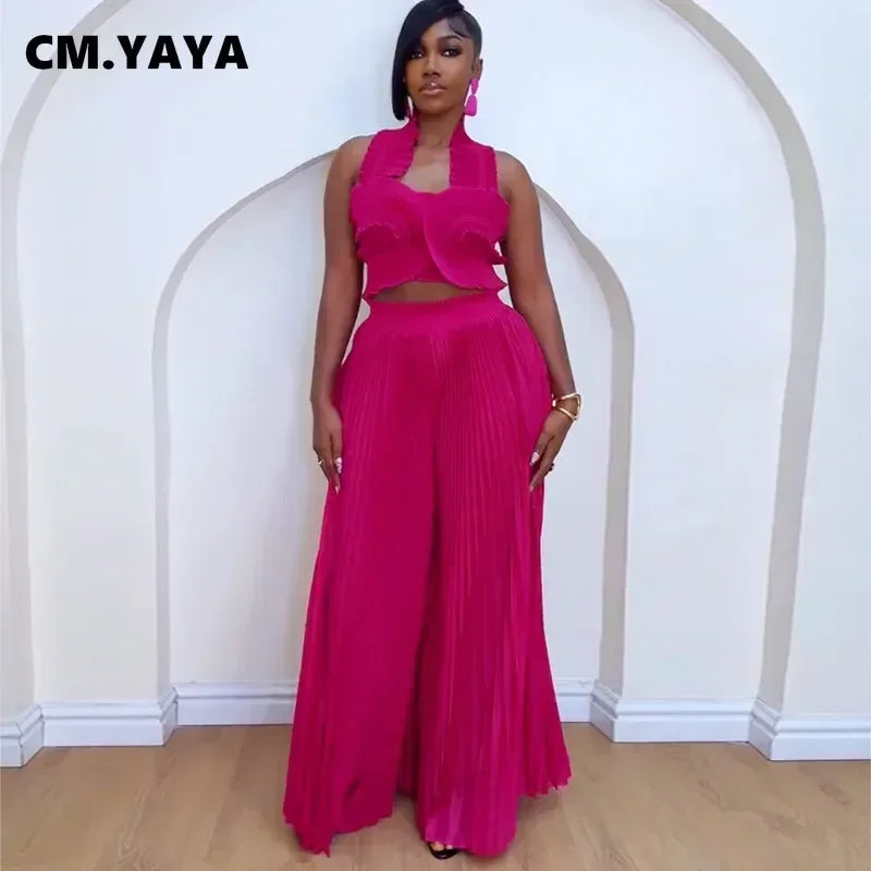 CM.YAYA Streetwear Women's Set Sleeveless Halter Crop Pleated Top+Wide Leg Pants Elegant 2024 Fall Party Two 2-Piece Set Outfits