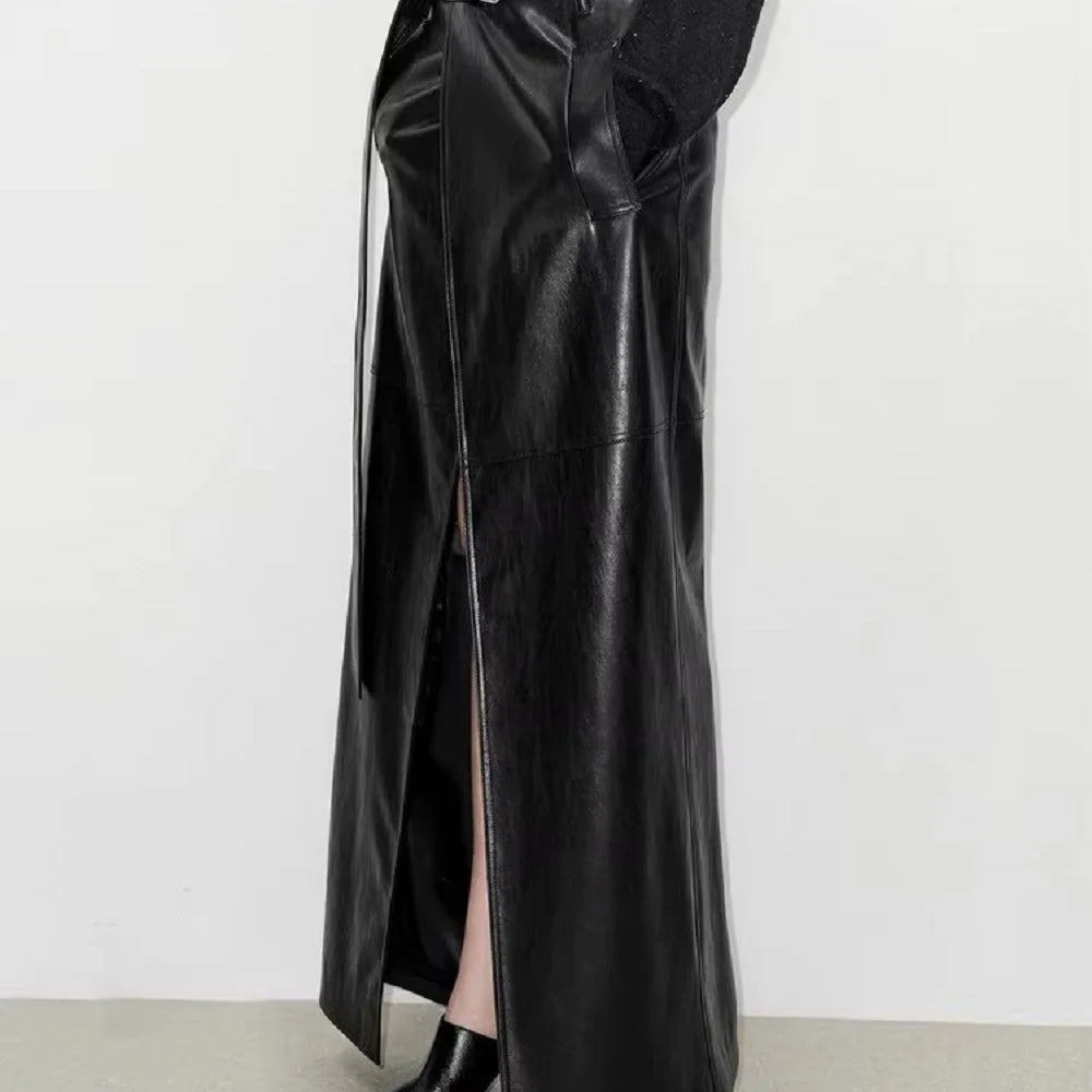 Lautaro Spring Autumn Shiny Black Soft Pu Leather Floor Length Skirt Women with Front Slit High Waist Extra Long Clothes 2025