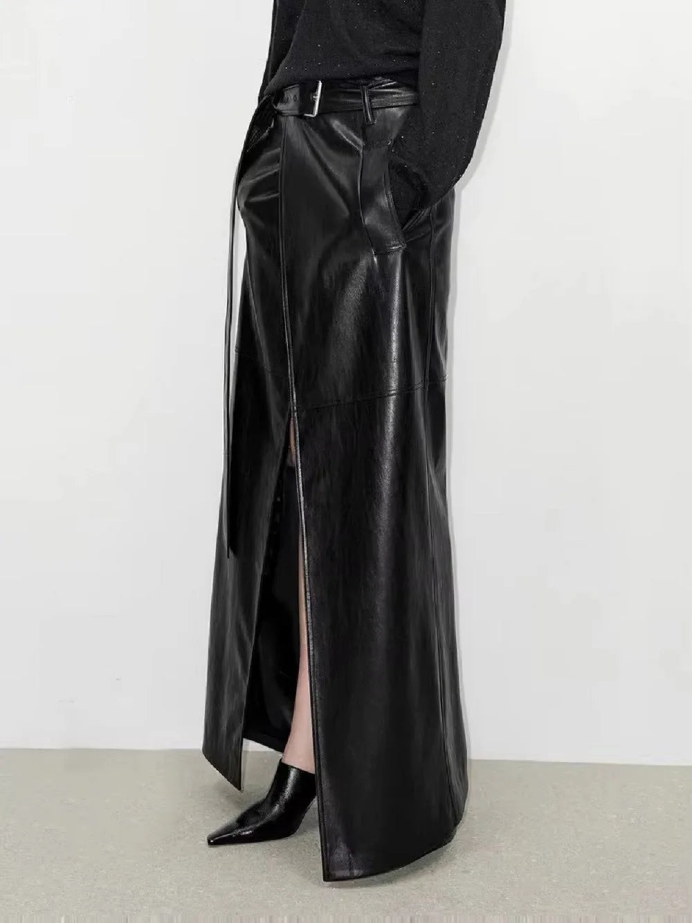 Lautaro Spring Autumn Shiny Black Soft Pu Leather Floor Length Skirt Women with Front Slit High Waist Extra Long Clothes 2025