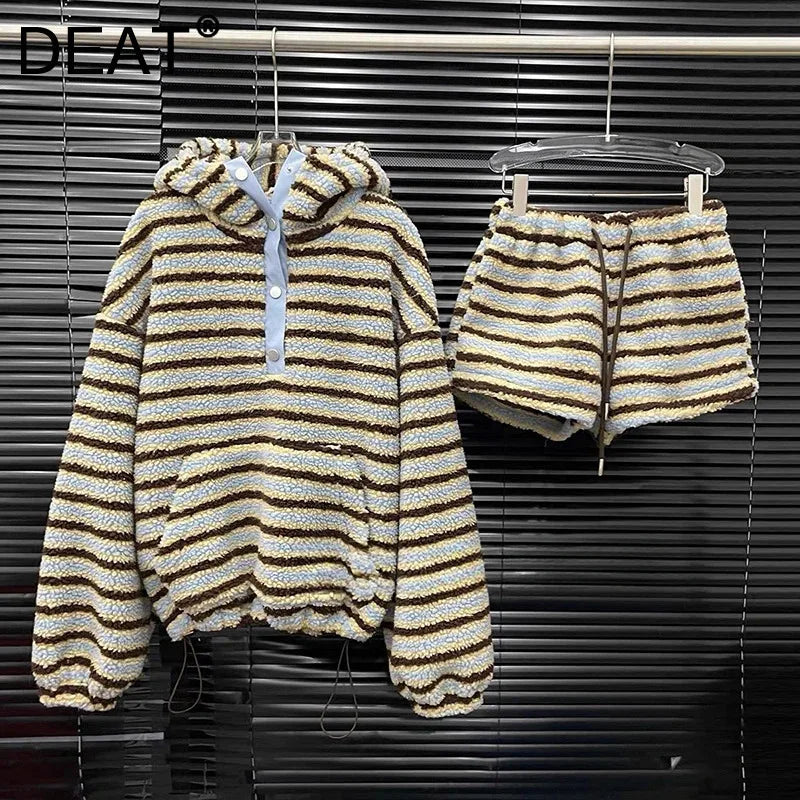 Autumn Winter New Plush Striped Two-pieces Set For Women Warm Thickened Hooded Sweatshirt Casual Shorts 11A07889