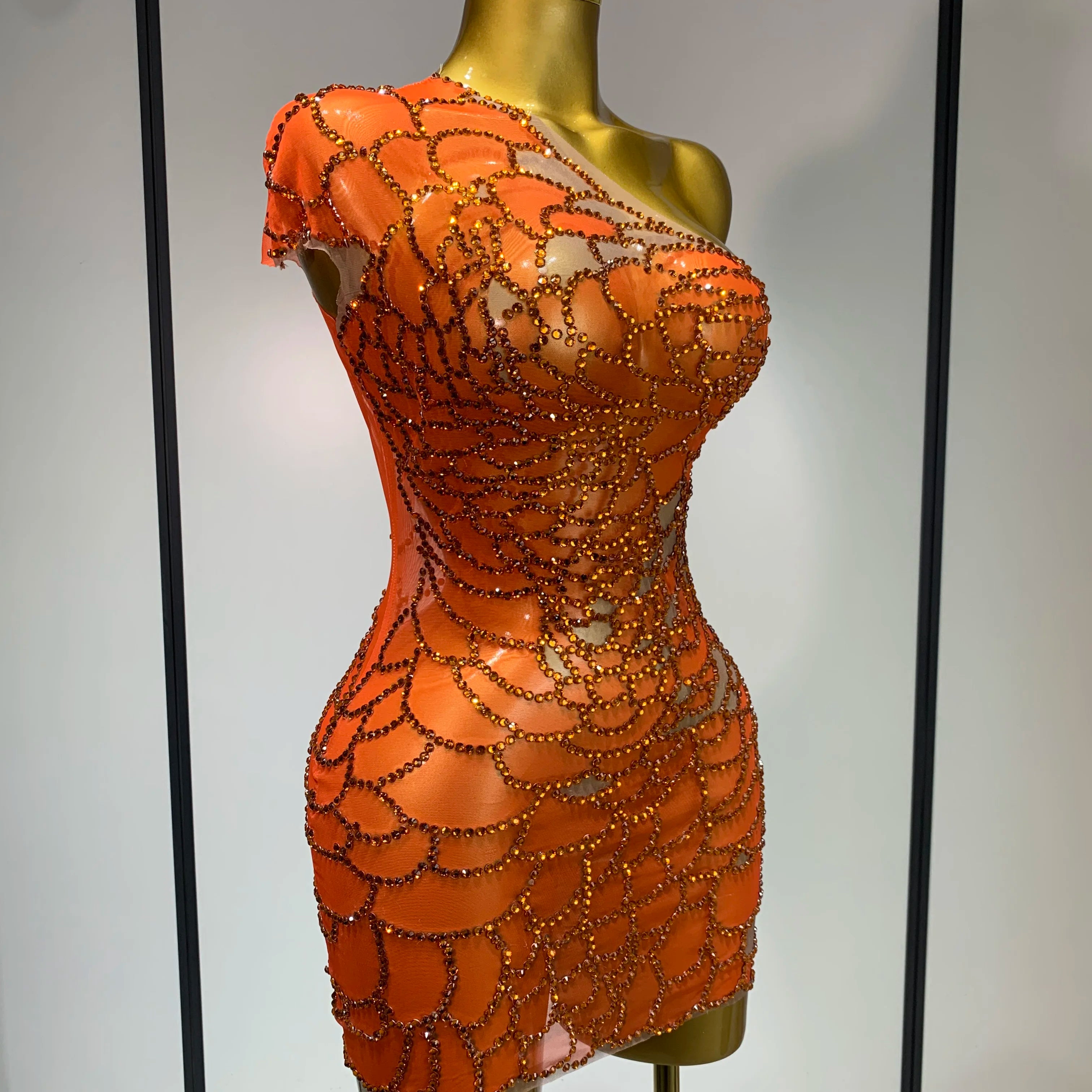 Women Sexy Mesh See Through One Shoulder Rhinestones Stage Costume Singer Nightclub Evening Party Luxury Birthday Mini Dresses