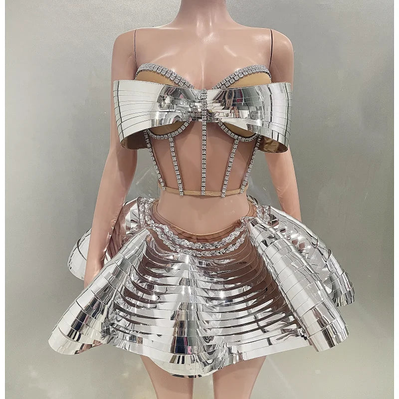 Mirror Surface Woman Party Set Stereoscopic Bows Strapless Tops And UFO Mini Skirt 2 Pieces Party Outfit Performance costume Silver