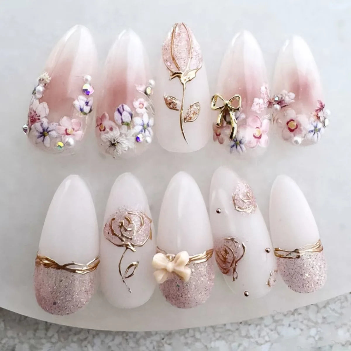 24pcs/set Medium fake nails for women girls 3D embossed flowers fruit shell rhinestones design Almond tips press on false nail 2729