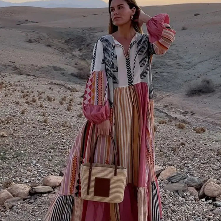 Retro Stripe Print Patchwork Maxi Dresses Women Loose V Neck Long Lantern Sleeve Long Dress Spring Chic Female Beach Casual Robe Color