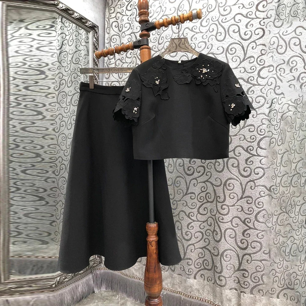 Solid Fashion Two Piece Sets for Women Round Neck Short Sleeves Patcwork Applique Top High Waist Skirt Set Female BLACK