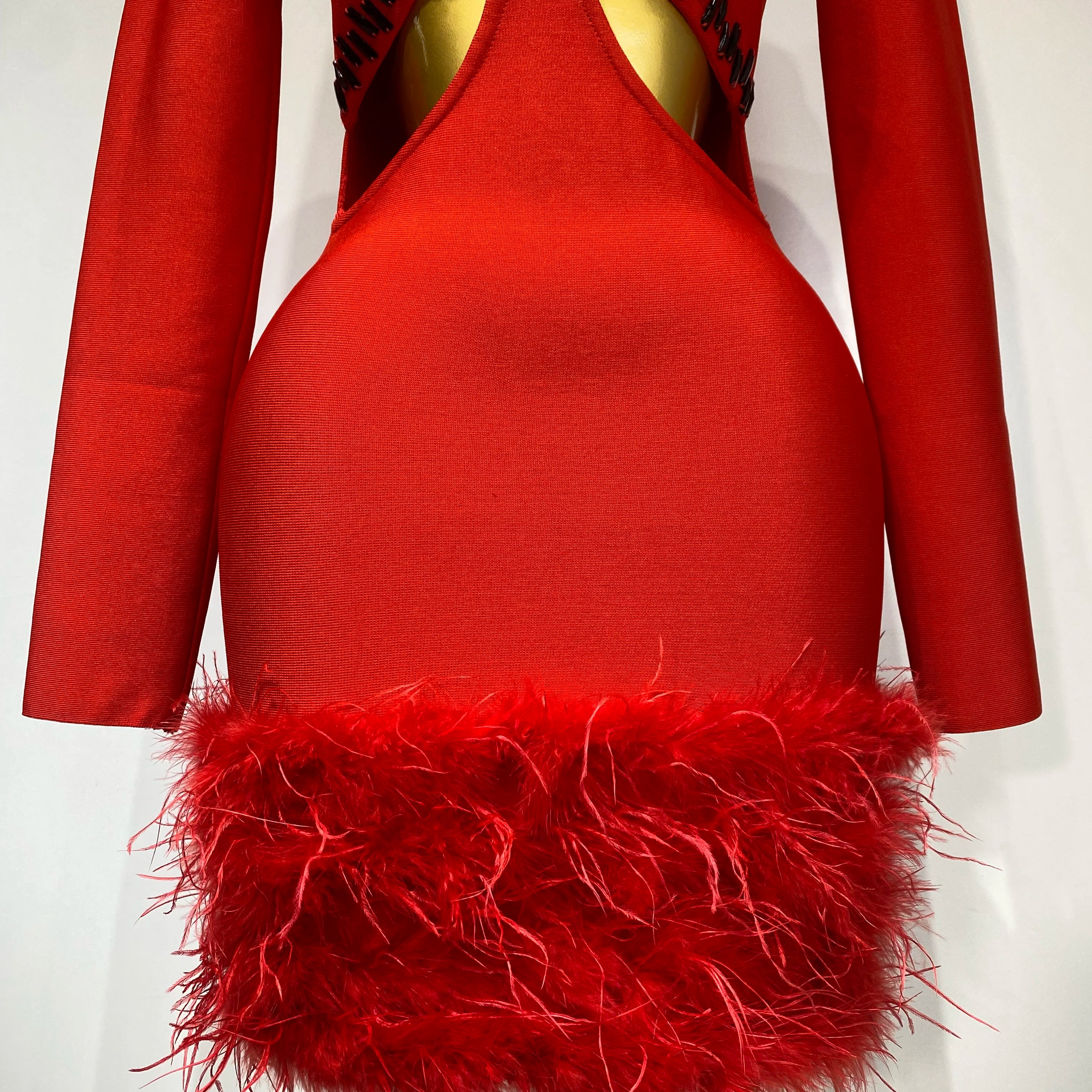 Women Sexy Cut Out Long Sleeve Beading Feather Red Mini Bandage Dress Celebrity Elegant Evening Party Luxury Birthday Dresses