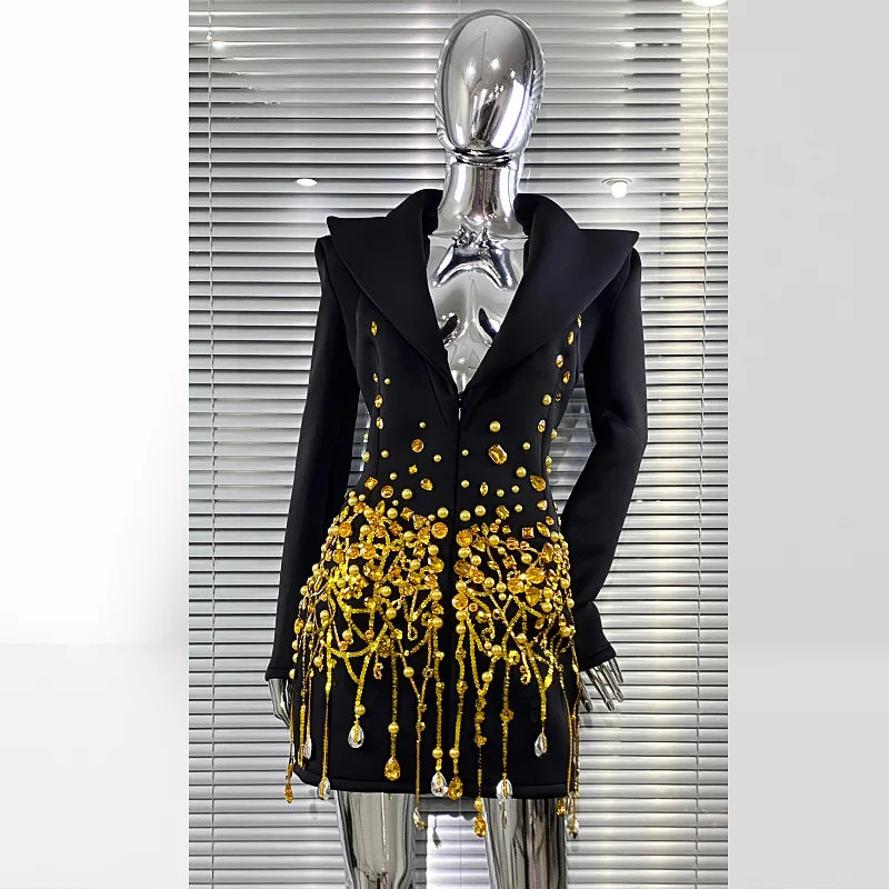 2025 Luxury Diamonds Shining Sequins Deep V-Neck Mini Suit Dress Fashion Woman Birthday Party Dress Stage Performance Costume