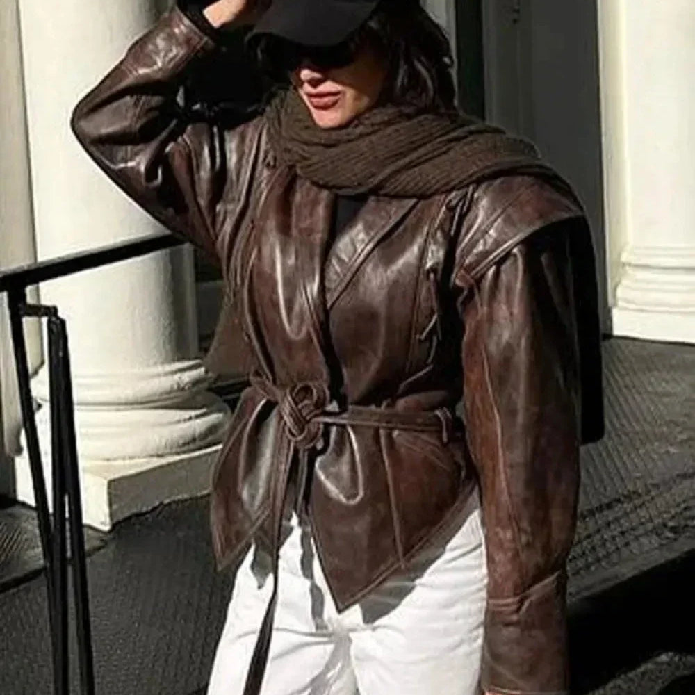 Pu motorcycle Coat Faux Leather Jacket for Women Spring Autumn Fashion Vintage V Neck Female High Street Casual Ladies Outwear