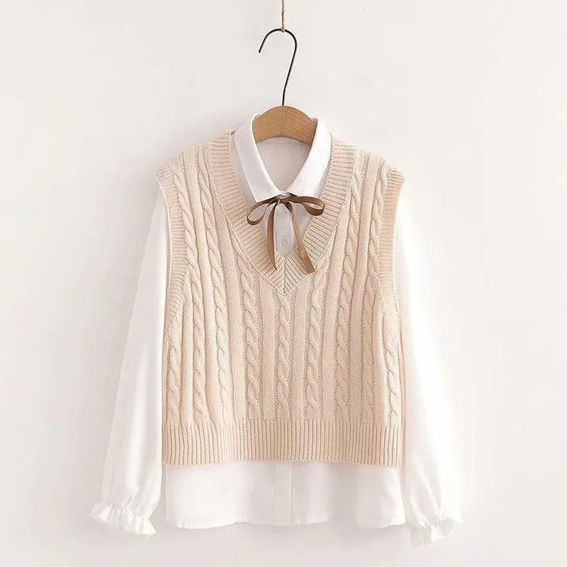 Women's Korean Preppy Style Student 3 Piece Clothing Set Spring Fall Girls Casual Bow Shirt Knit Vest Denim Pants Outfits Beige Tops Set