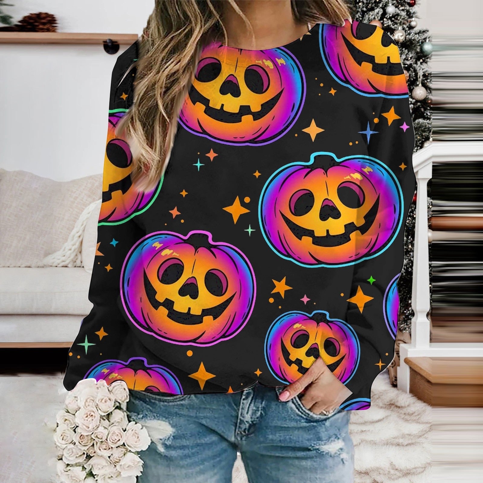 Women's Autumn Halloween Long Sleeved Round Neck Printed Lightweight Pullover Hoodless Sweatshirt Crop Fleece Sweater Womens Black