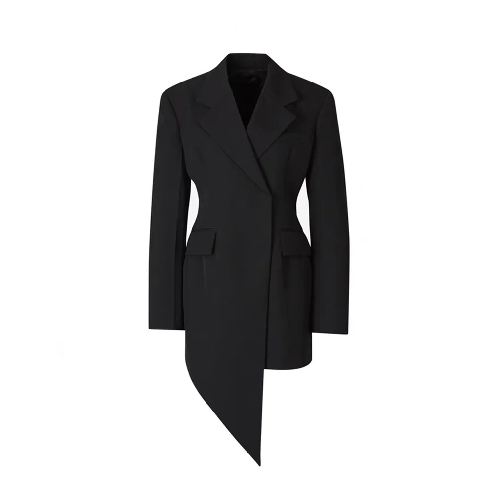 Solid Minimalist Blazer For Women Notched Collar Long Sleeve Patchwork Pockets Irregular Coat Female Fashion Style BLACK