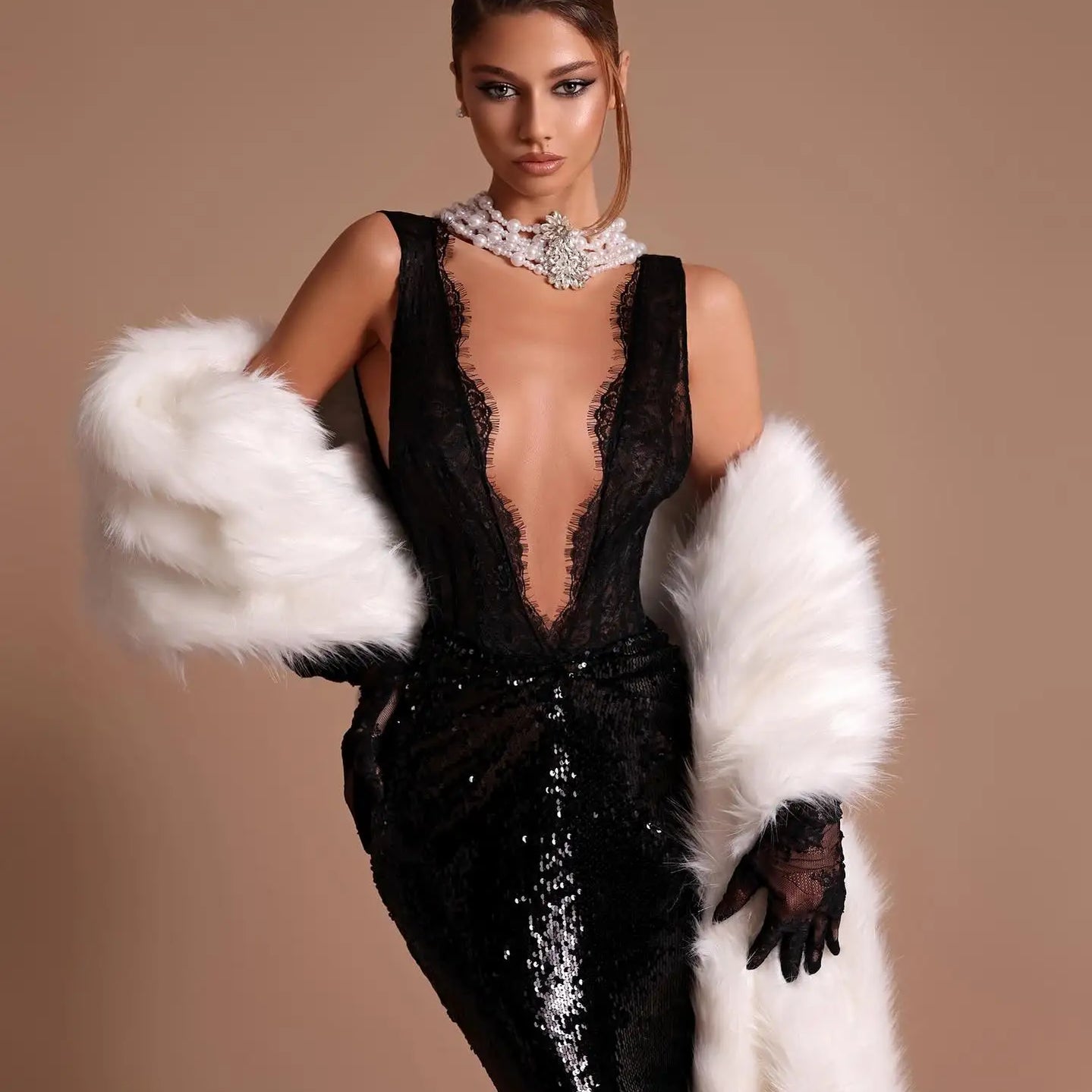 Alluring Black Sequin Deep V Neck Backless Lace Design Mermaid Dress for Party Dinner Evening Gown