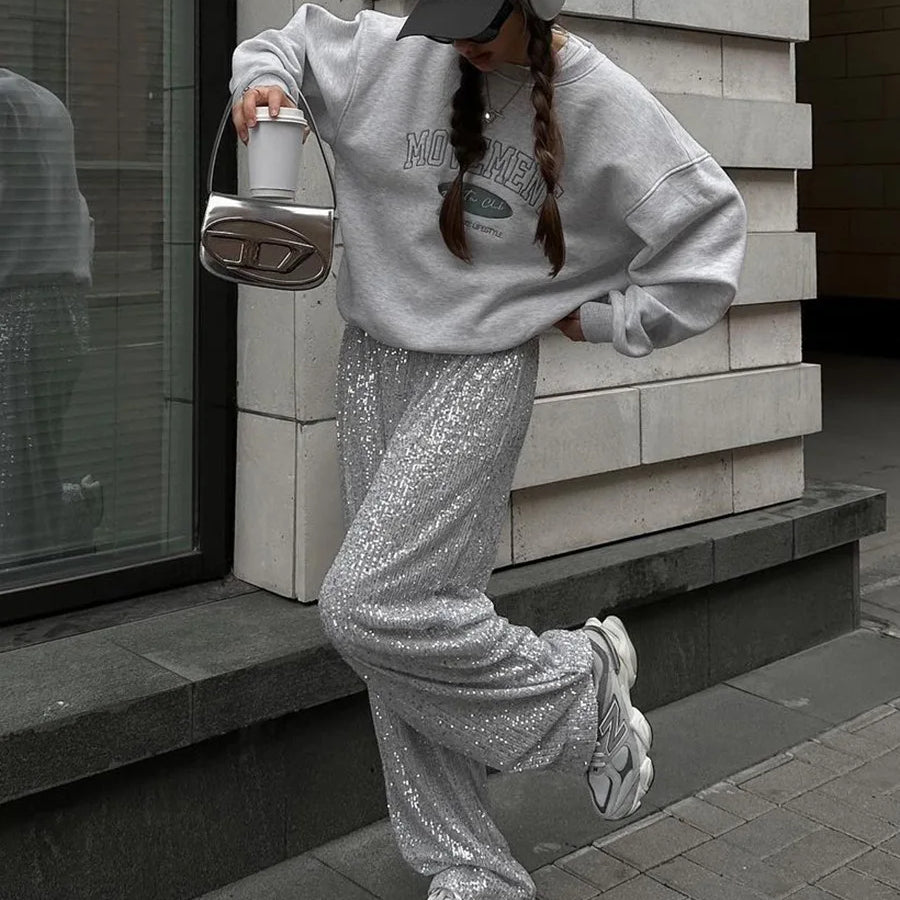 Sequin Pants New Instagram Style Trendy American Pearlescent Sequin Straight Leg Floor mops Silver