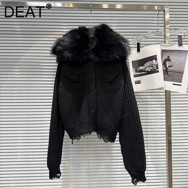 Winter New Street Style Faux Fur Collar Pocket Thick Knit Sweater Jacket For Women Single-breasted Cardigan 11A07488