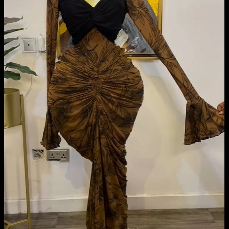 Women Leaf Printed Stacked Ruched Draped V-neck Maxi Long Bodycon Dress 2025 Holiday Birthday Club Party Evening Dresses