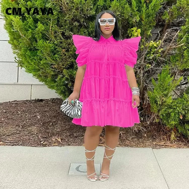 Elegant Women Puff Short Sleeve Smock Dress 2022 Summer Chic Big Swing Loose Turn-down Neck Sundress Vestidos