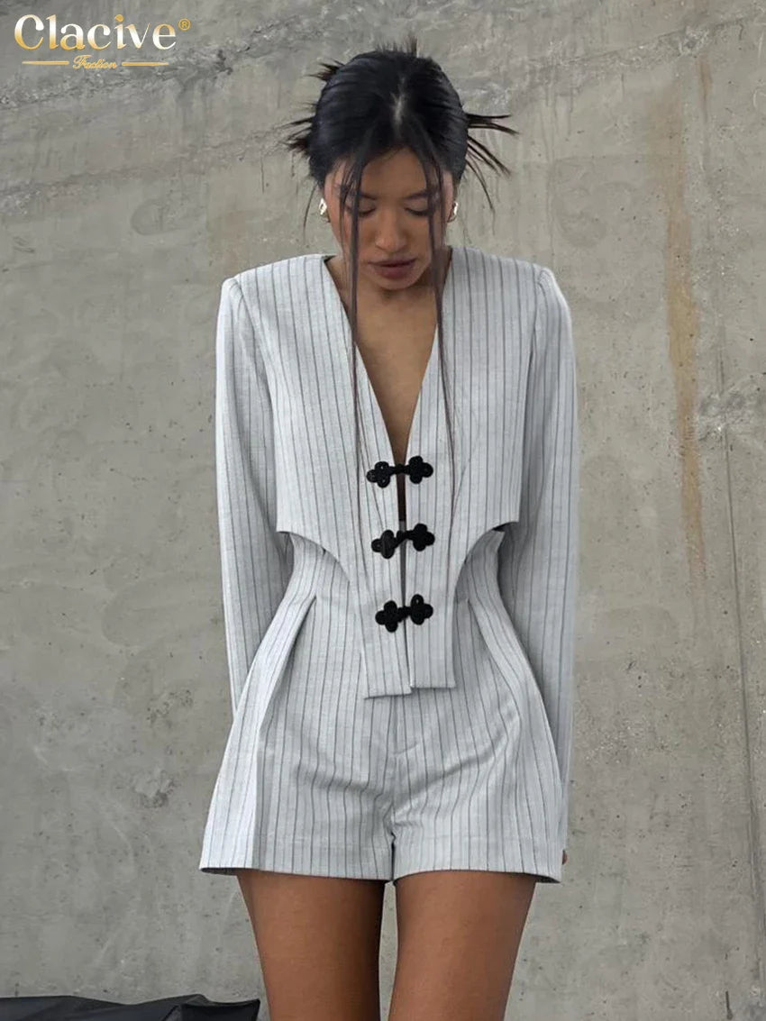 Clacive Fashion Stripe Print 2 Piece Sets Women Elegant Slim Long Sleeve Irregular Top With High Waist Shorts Set Streetwear Light Gray