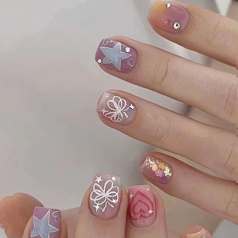 24Pcs Pink False Nails with Glue Ballerina Full Cover Nail Tips Simple Fake Nail with Star Rabbit Design Wearable Press on Nails 806