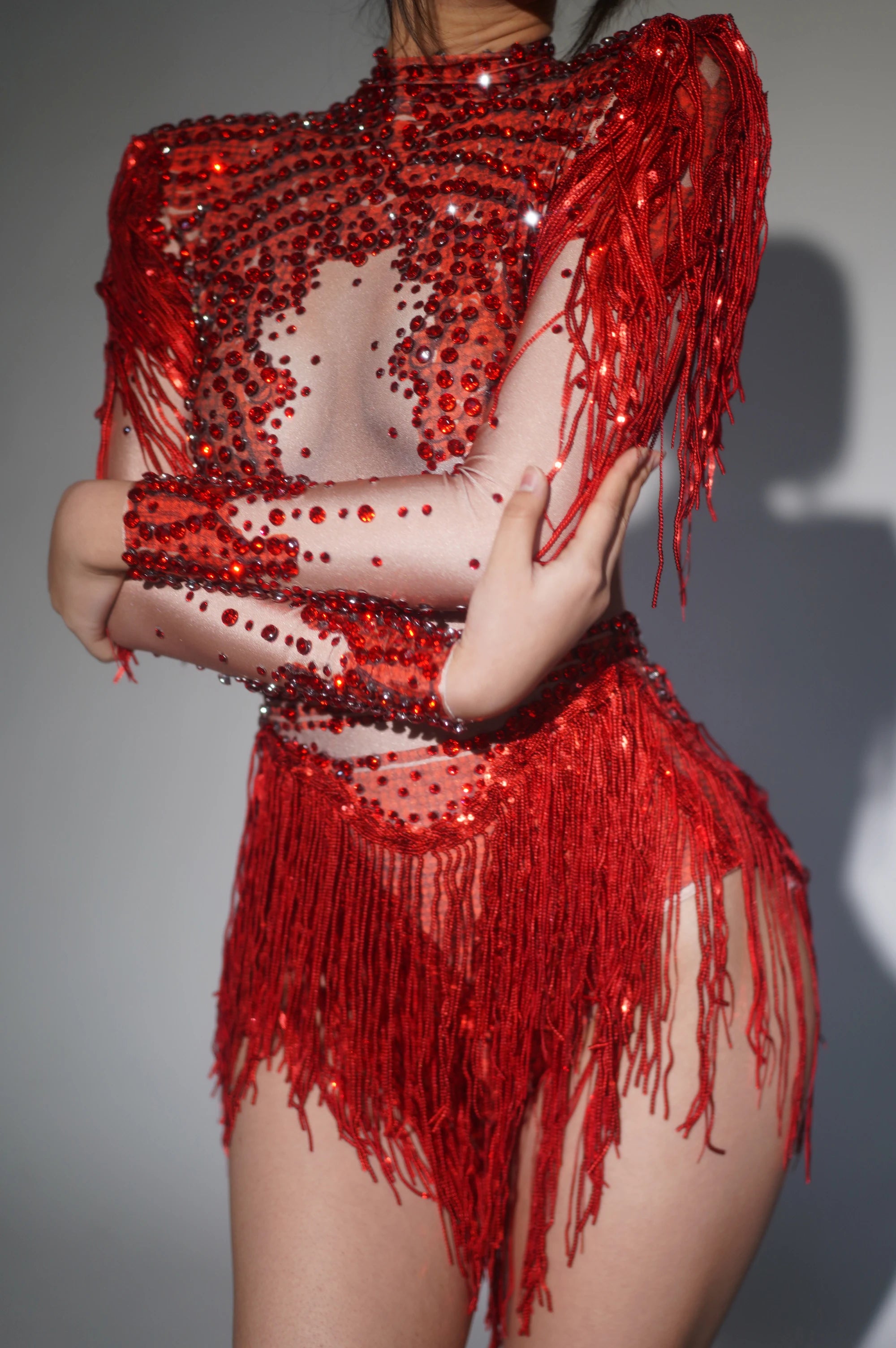 2025 Sparkly Rhinestone Sequin Tassel Stretch Bodysuits Women Birthday Party Nightclub Dj Stage Performance Costume