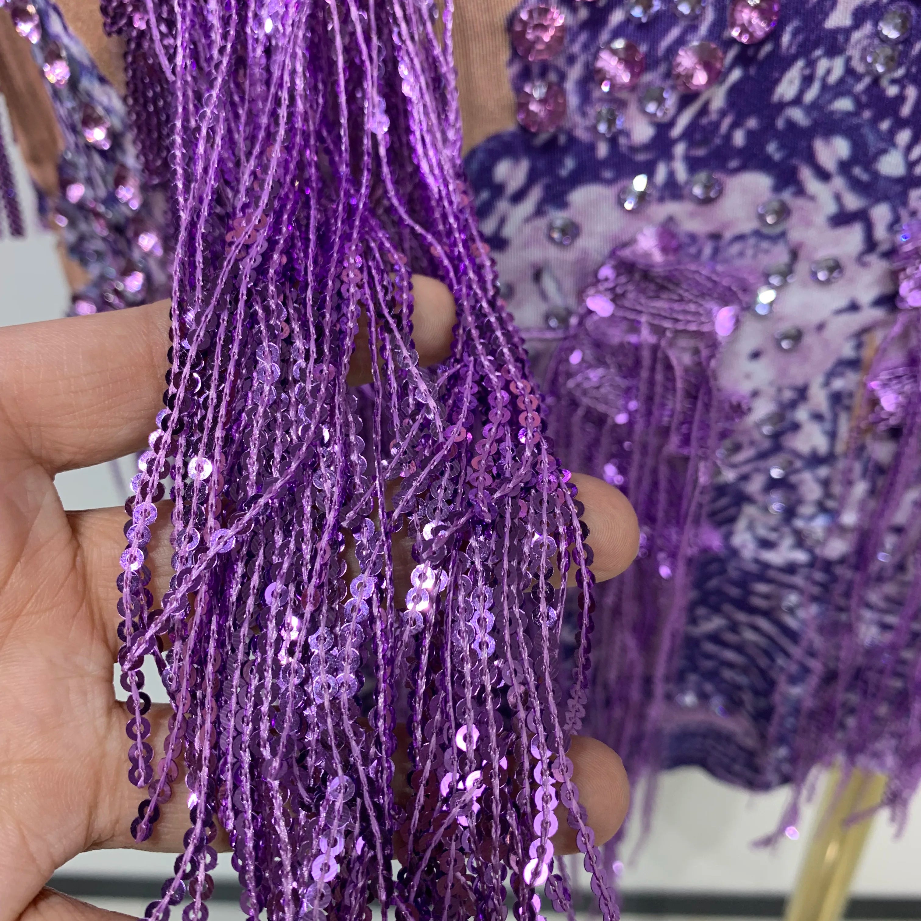 Sexy Sparkly Purple Rhinestones Tassel One Shoulder Sleeve Mini Dress Evening Party Birthday Nightclub Stage Performance Outfit