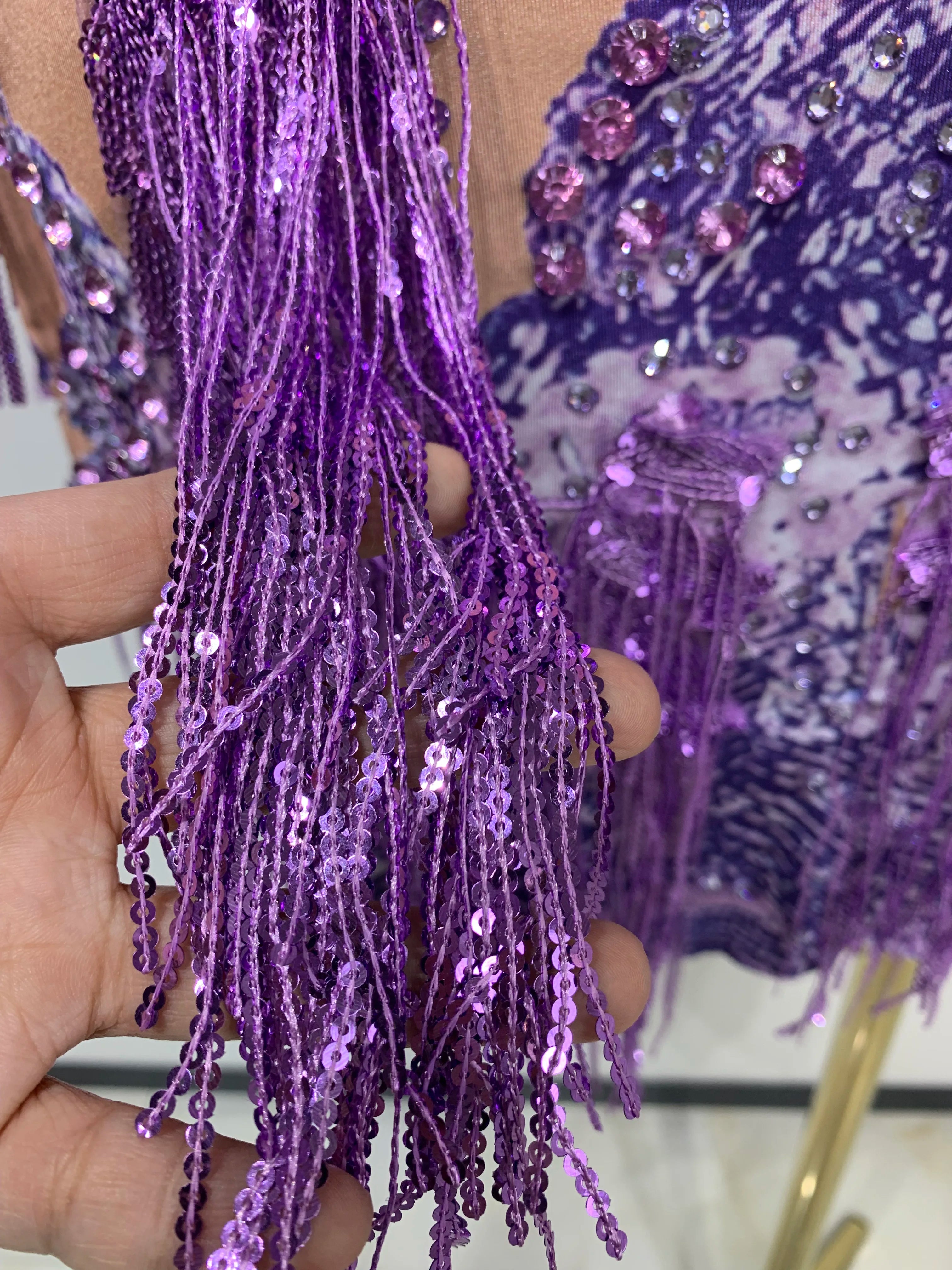 Sexy Sparkly Purple Rhinestones Tassel One Shoulder Sleeve Mini Dress Evening Party Birthday Nightclub Stage Performance Outfit