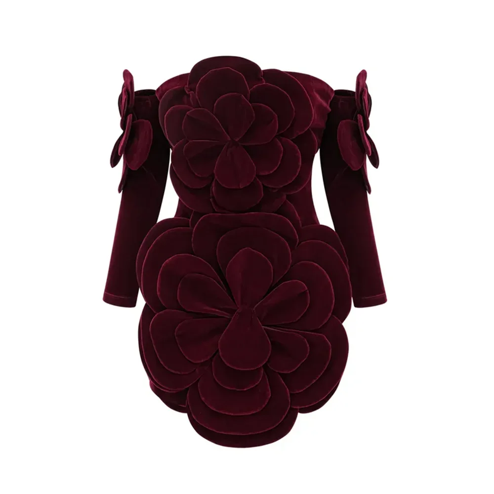 Solid Slimming Temperament Mini Dresses for Women Strapless Sleeveless Patchwork 3D Flowers Dress Female Clothing RED