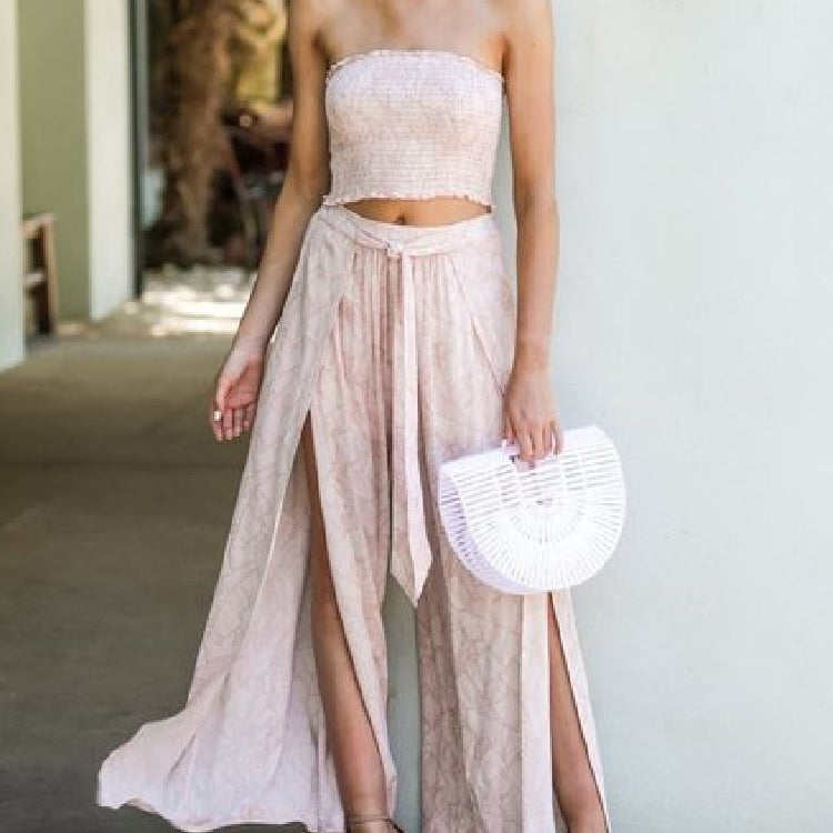 Sexy 2 Pieces Sets Blue Printing Summer Women Floral Clothes Sets Tank Top Wide Leg Pants Outwear