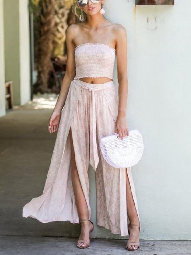 Sexy 2 Pieces Sets Blue Printing Summer Women Floral Clothes Sets Tank Top Wide Leg Pants Outwear