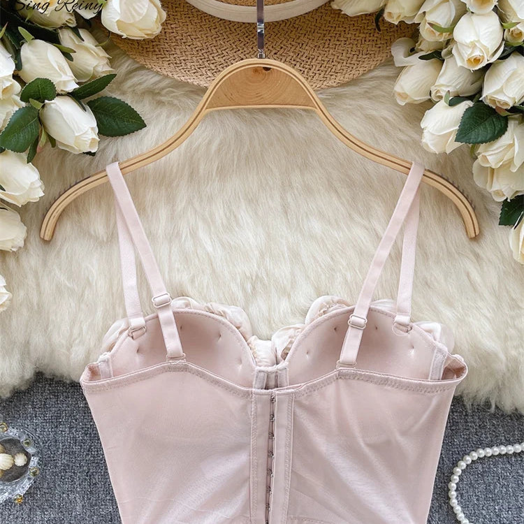 SINGREINY Female Rose 3D Flower Sexy Camisole Sleeveless Strapless Short Tank Tops Women Sheath Corset Streetwear Camis