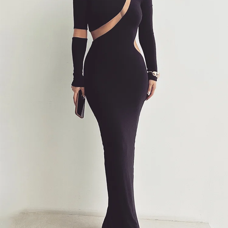 Turtleneck Long Sleeve Bodycon Maxi Dress For Women Autumn New Patchwork Hollow Out Club Party Sexy Long Dress Vestidos