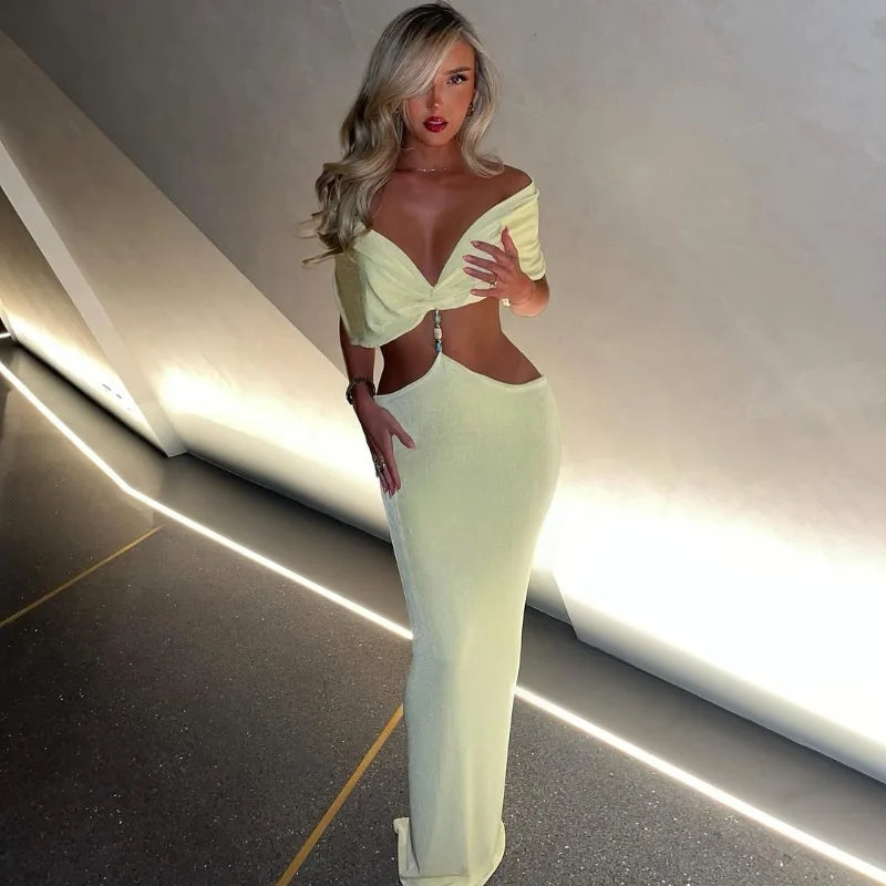 Elegant V Neck Pleating Yellow Maxi Dress For Women Fashion Cut Out Slim Fit High Waist Robes New Summer Holiday Beach Dresses Yellow