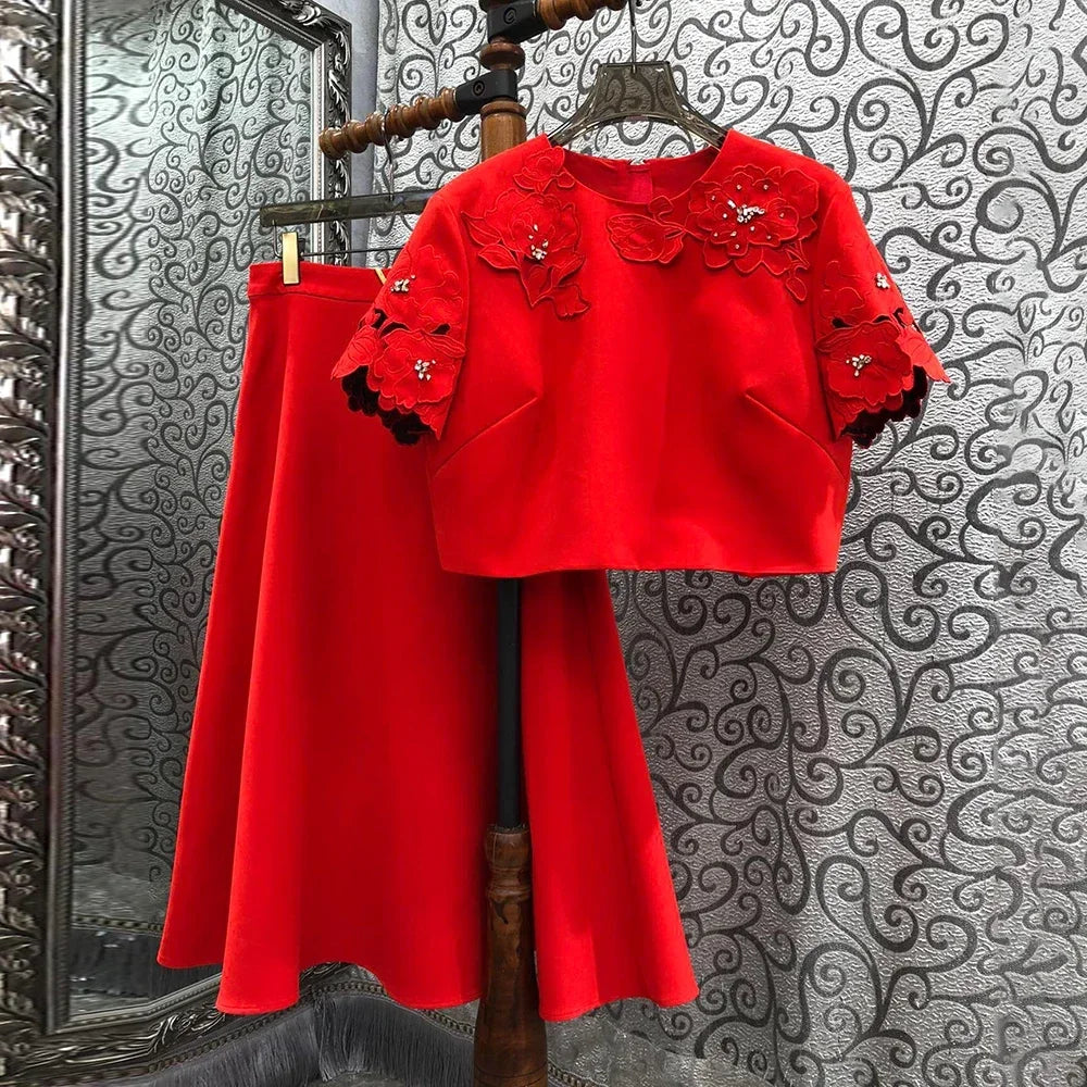 Solid Fashion Two Piece Sets for Women Round Neck Short Sleeves Patcwork Applique Top High Waist Skirt Set Female RED
