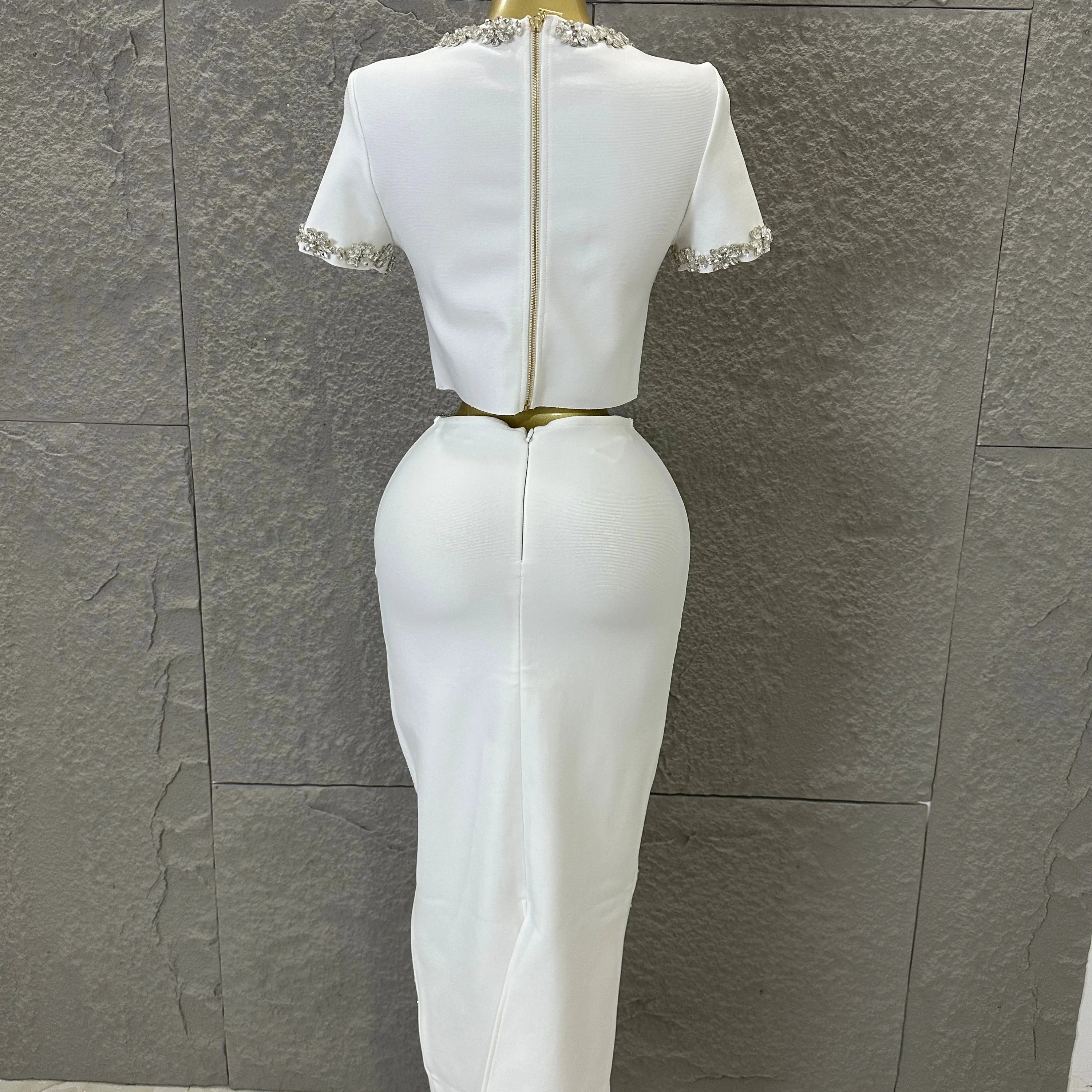 Black White Two Piece Set Women Elegant Short Sleeve Beaded Crop Top High Waist Pencil Midi Skirt Formal Suit