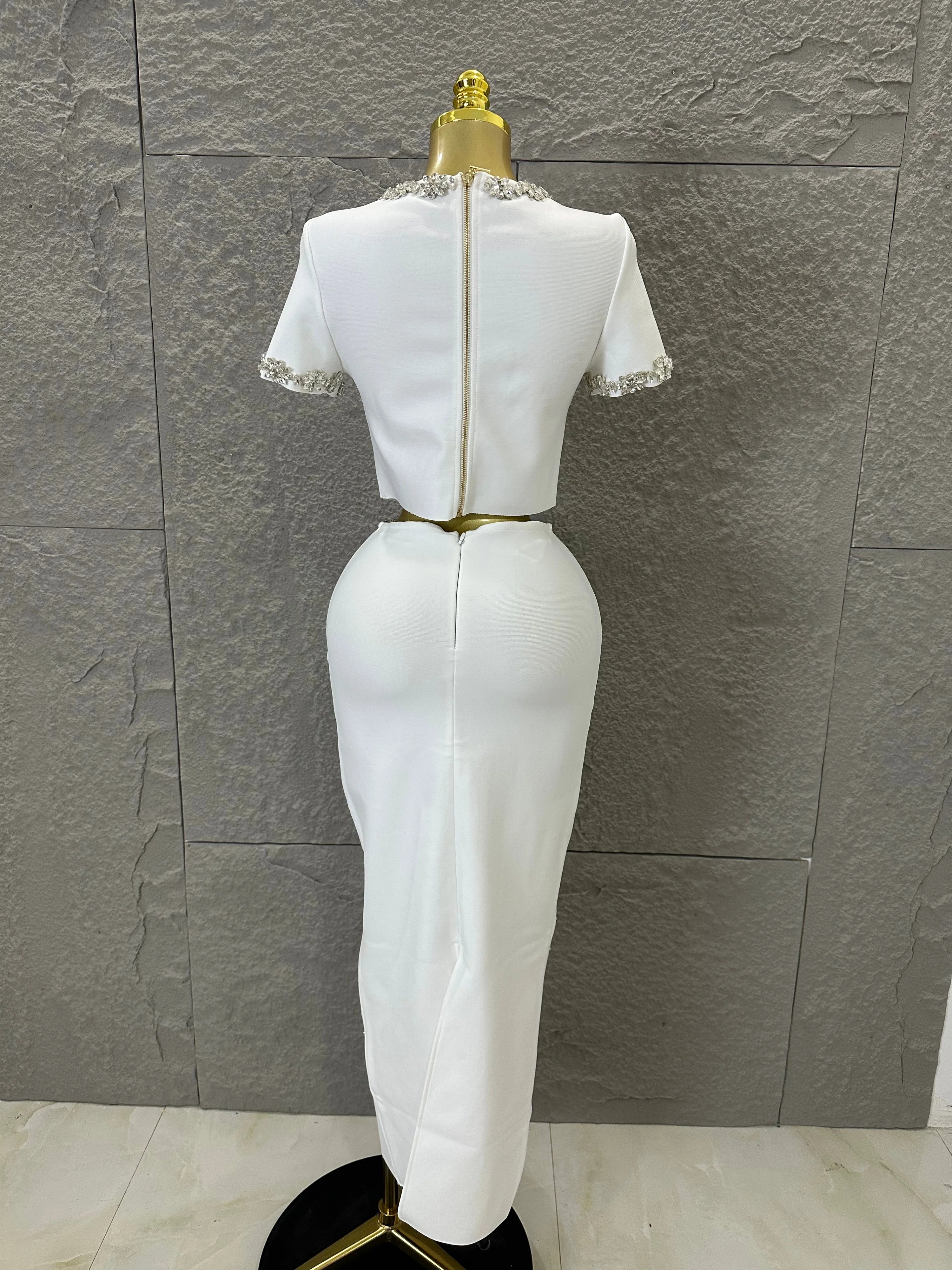 Black White Two Piece Set Women Elegant Short Sleeve Beaded Crop Top High Waist Pencil Midi Skirt Formal Suit