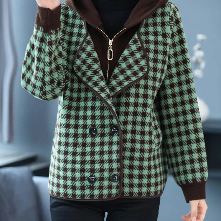 XJXKS 2024 Winter New Fake Two Pieces Splicing Women's Jacket Zip Cardigan Coat Comfortable Warm Hooded Wool Chaquetas