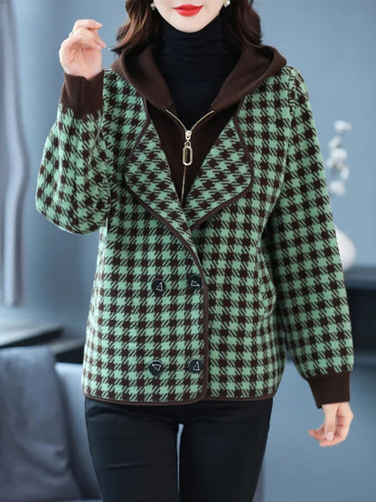 XJXKS 2024 Winter New Fake Two Pieces Splicing Women's Jacket Zip Cardigan Coat Comfortable Warm Hooded Wool Chaquetas