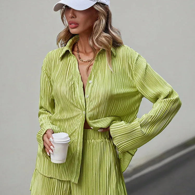 Causal Green Pleat Lapel Women Shorts Suits Fashion Long Sleeve Single Breasted Shirts 2 Piece Sets Female Summer Street Outfits