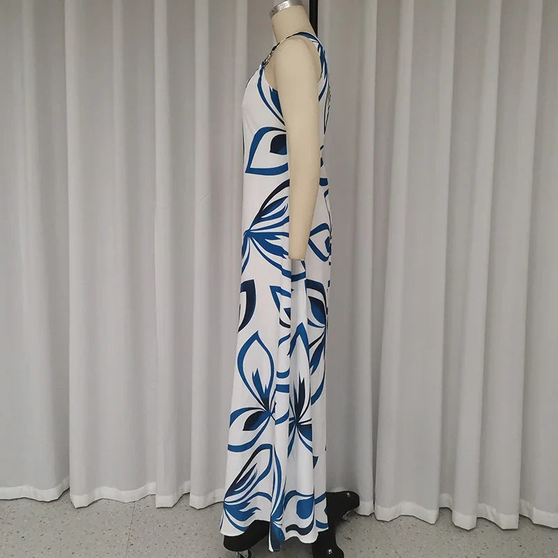 Ellafads Long Dress Women Casual Simple Printed One Shoulder Strap Sleeveless Loose Summer Holiday Beach Maxi Dresses Streetwear