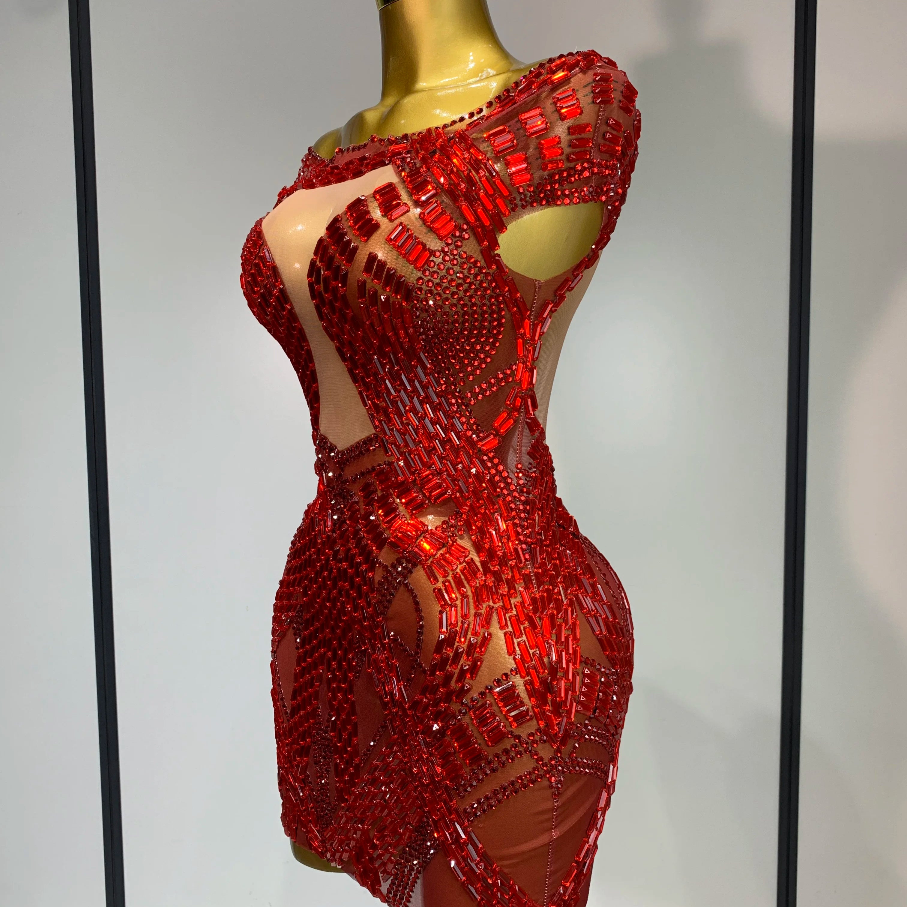 Luxury Rhinestones Sexy Mesh See Through Mini Dress Women Celebrate Birthday Evening Party Dress Stage Performance Costume