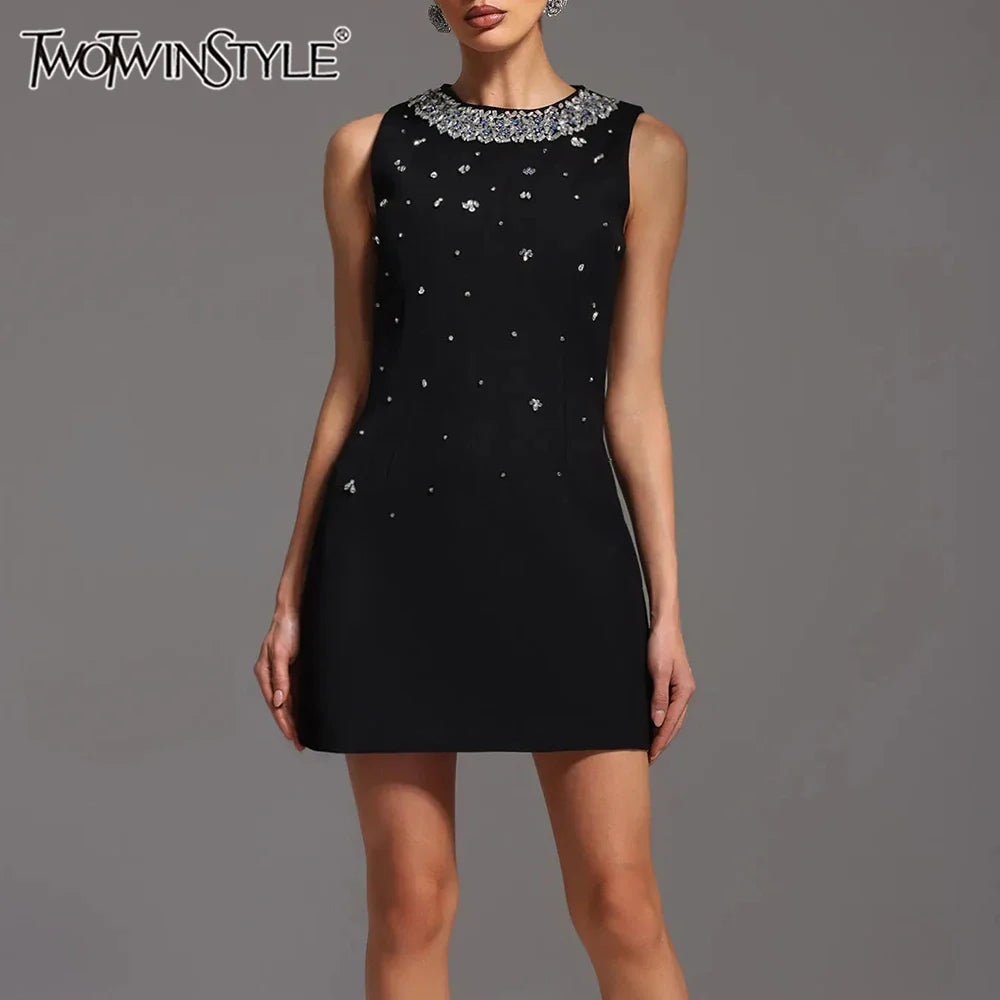 Solid Slimming Spliced Bead Luxurious Mini Dresses for Women Round Neck Sleeveless Temperament Dress Female Fashion